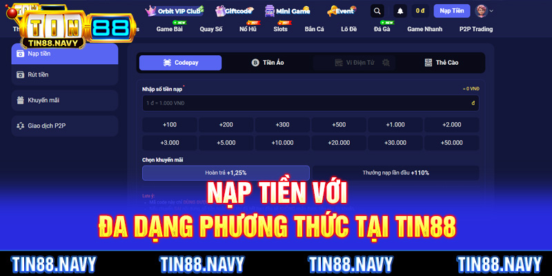Nạp tiền với đa dạng phương thức tại Tin88